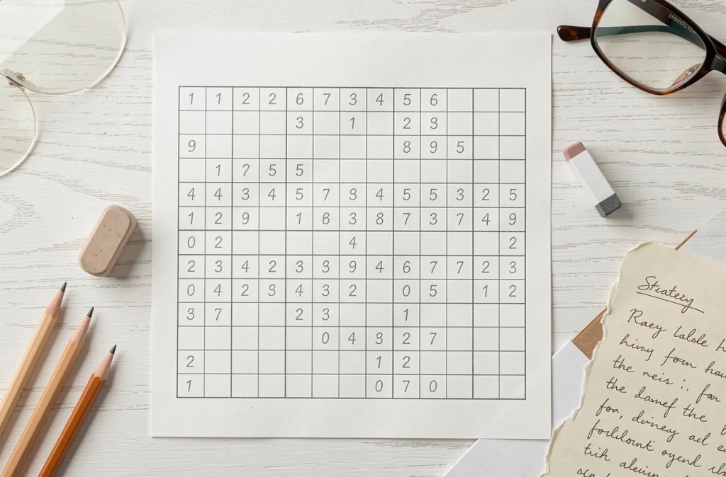 Vue en plongée d'une grille de sudoku partiellement complétée au crayon sur papier blanc avec des notes de stratégie manuscrites