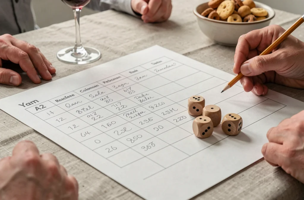 Gros plan sur un tableau de scores Yam XXL sur grand format papier avec dés en bois et mains de joueurs autour lors d'une soirée