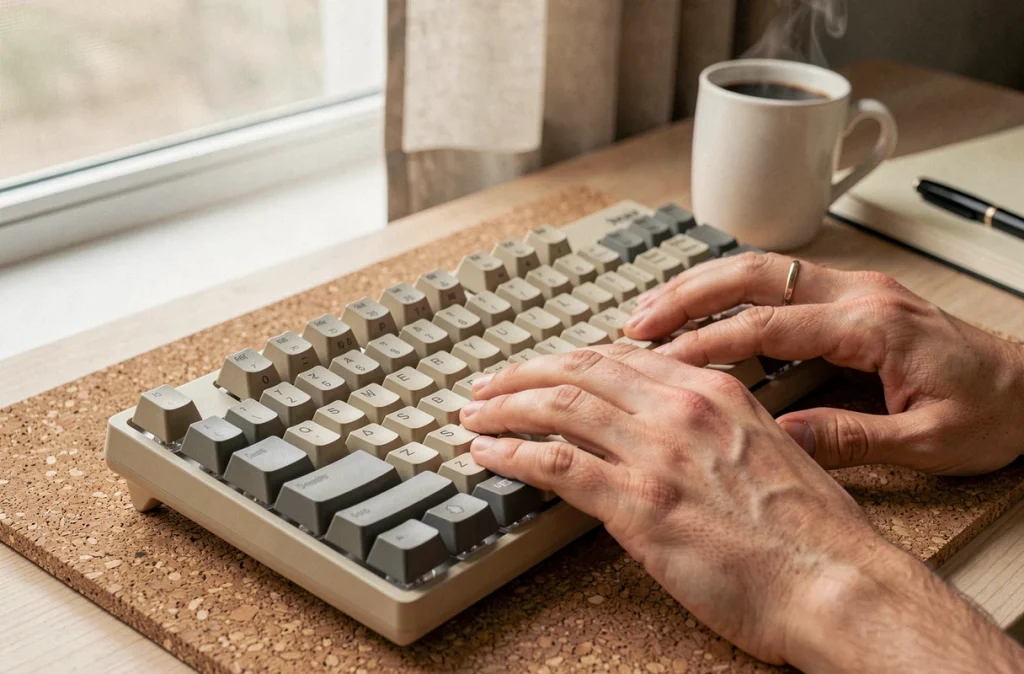 Gros plan sur des mains tapant sur un clavier mécanique haut de gamme lors d'une session de télétravail matinale
