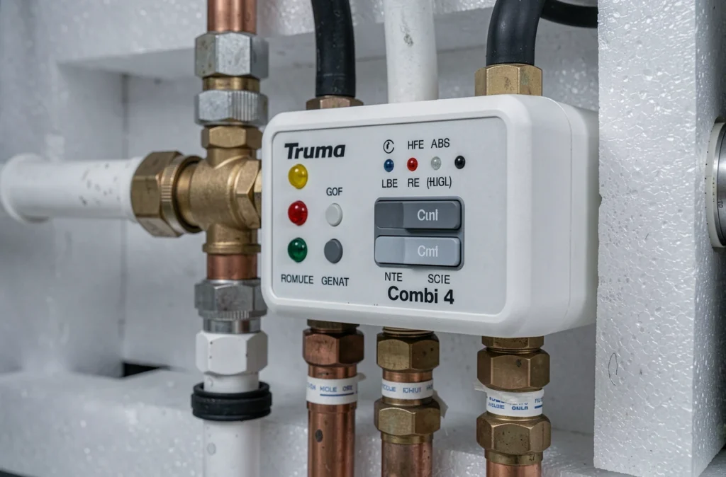 Gros plan sur le panneau de commande et les raccords gaz du Truma Combi 4