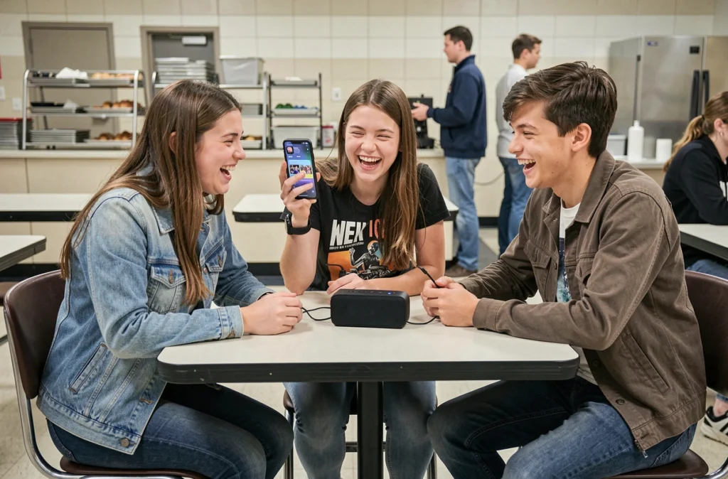 Groupe d'adolescents écoutant un banger musical ensemble à la cafétéria de leur lycée