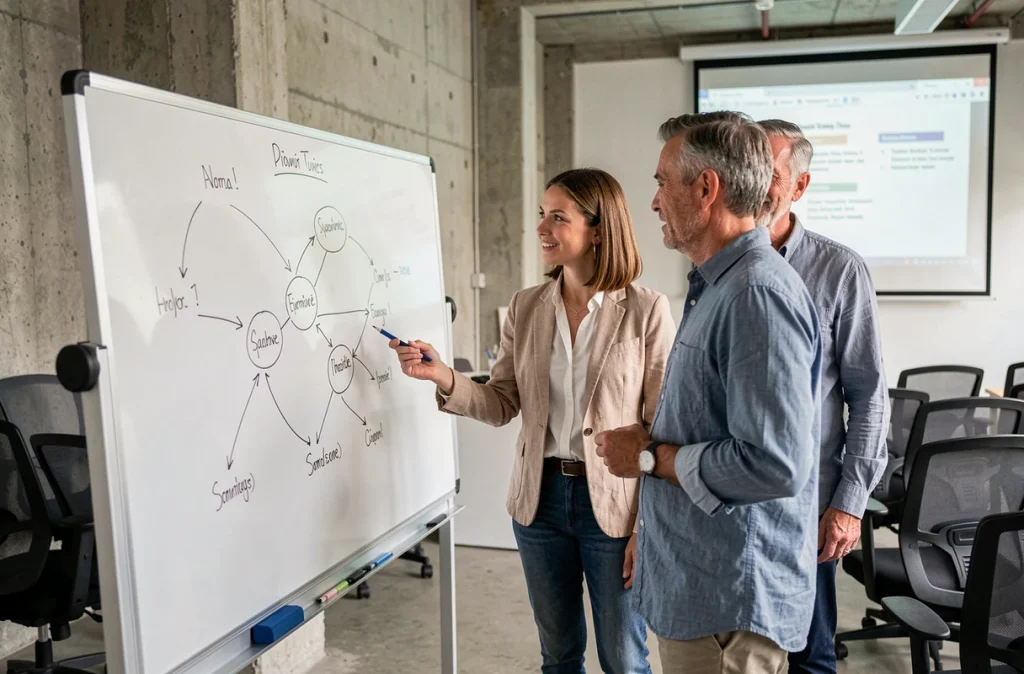 Un groupe de salariés en formation professionnelle discute autour d'un tableau blanc dans un centre de formation moderne