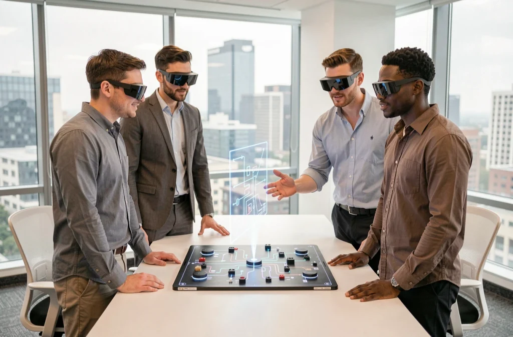 Groupe de stagiaires en entreprise utilisant des lunettes de réalité augmentée pour une session de formation collaborative