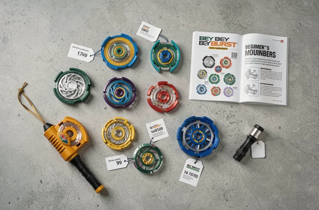 Vue à plat de plusieurs toupies Beyblade Burst avec lanceurs et guide d'achat pour débutants sur fond béton gris