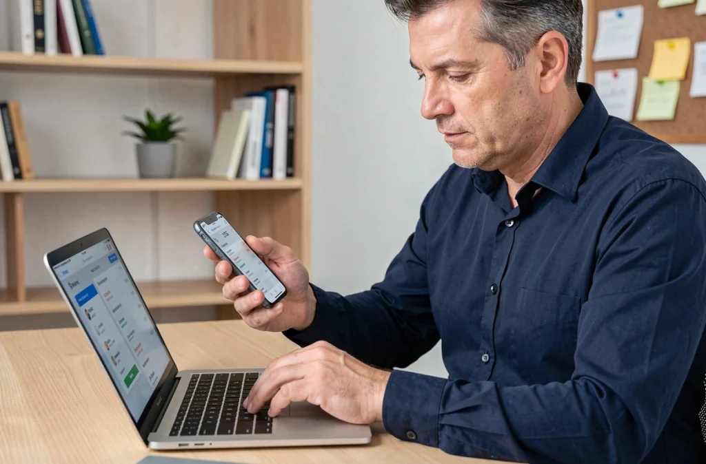 Homme vérifiant les frais bancaires de son compte courant sur une application mobile depuis son bureau à domicile