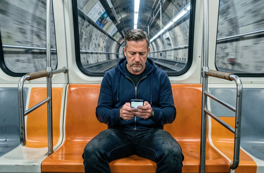 Homme consultant une application de plan de métro ligne 9 et correspondances RER dans une rame parisienne