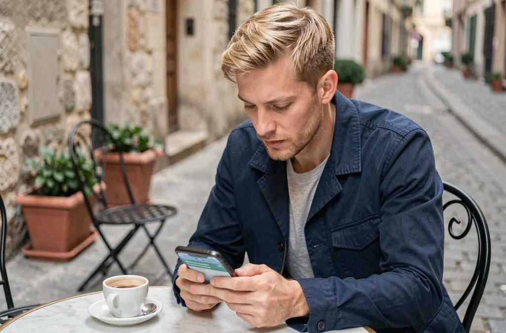 Homme consultant une application de traduction en terrasse de café dans une ruelle européenne pavée
