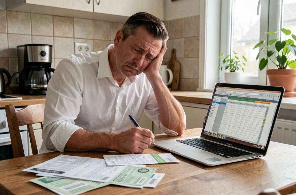 Un homme analyse son budget familial face aux factures et à la hausse des prix liée à l'inflation