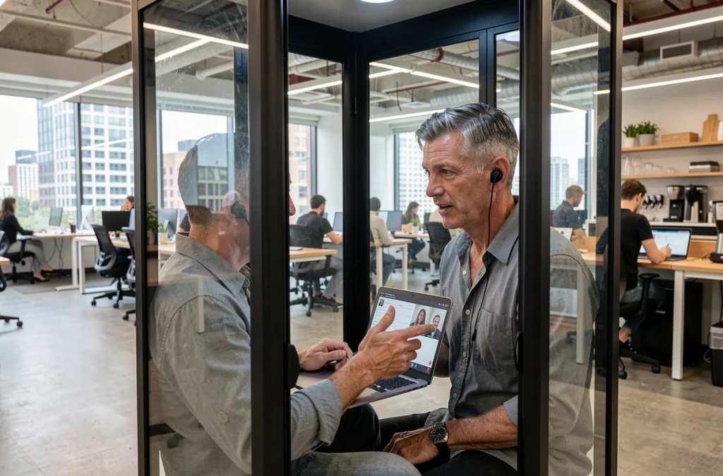 Homme en réunion vidéo dans une cabine téléphonique isolée au sein d'un grand espace de coworking citadin