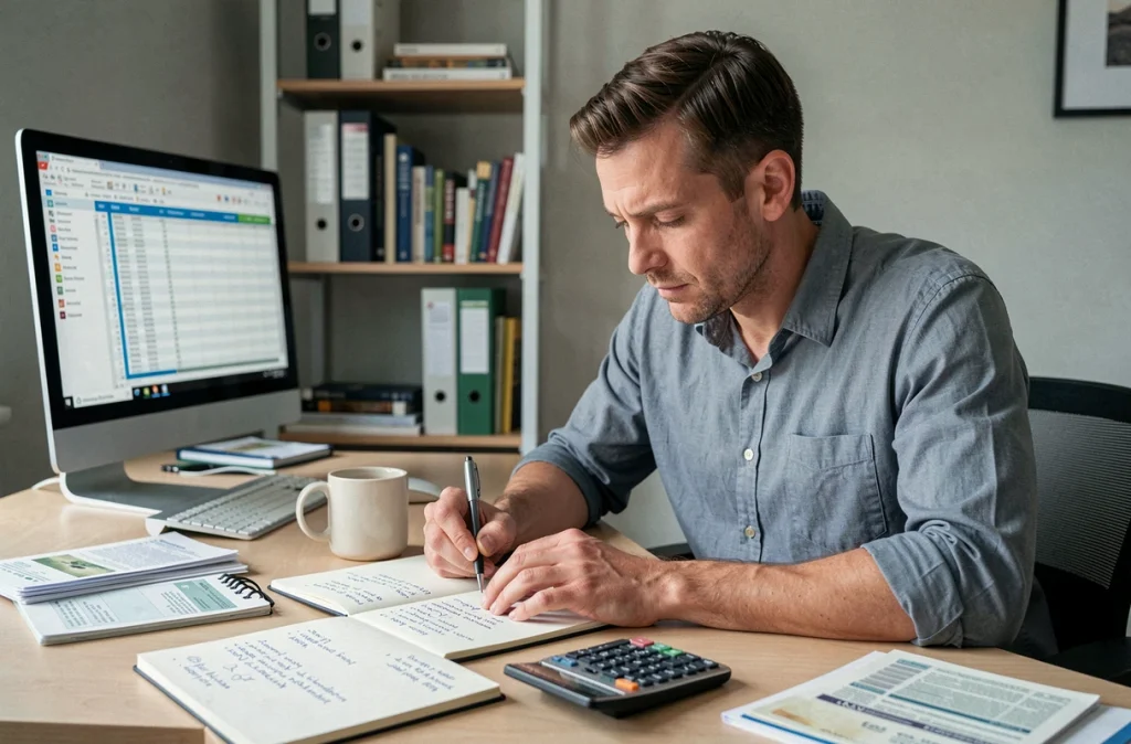 Homme calculant les dépenses familiales avec un carnet de notes et une calculatrice dans un bureau à domicile