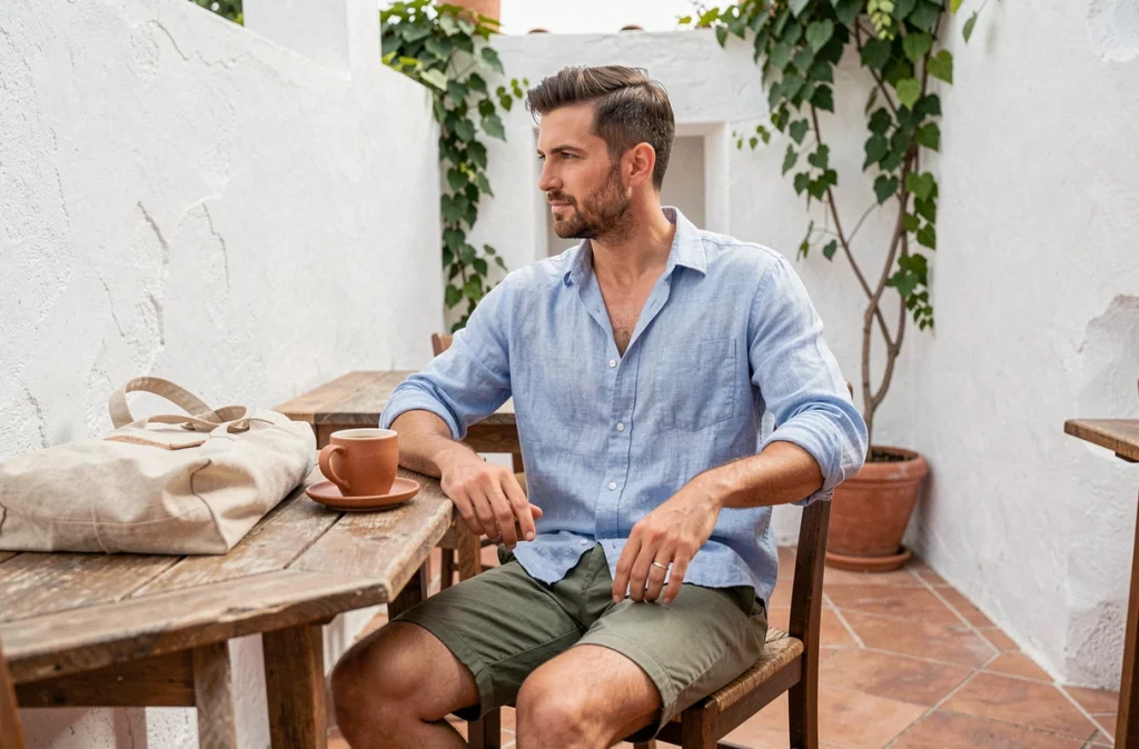 Homme en chemise et short lin bleu assis en terrasse méditerranéenne pour une collection printemps-été