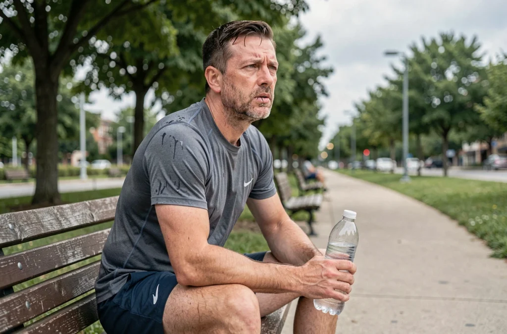 Homme adulte déshydraté après le sport tenant une bouteille d'eau vide sur un banc de parc