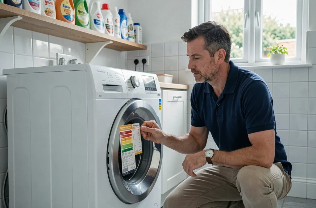 Homme inspectant l'étiquette énergie d'un lave-linge pour choisir un appareil économe en électricité