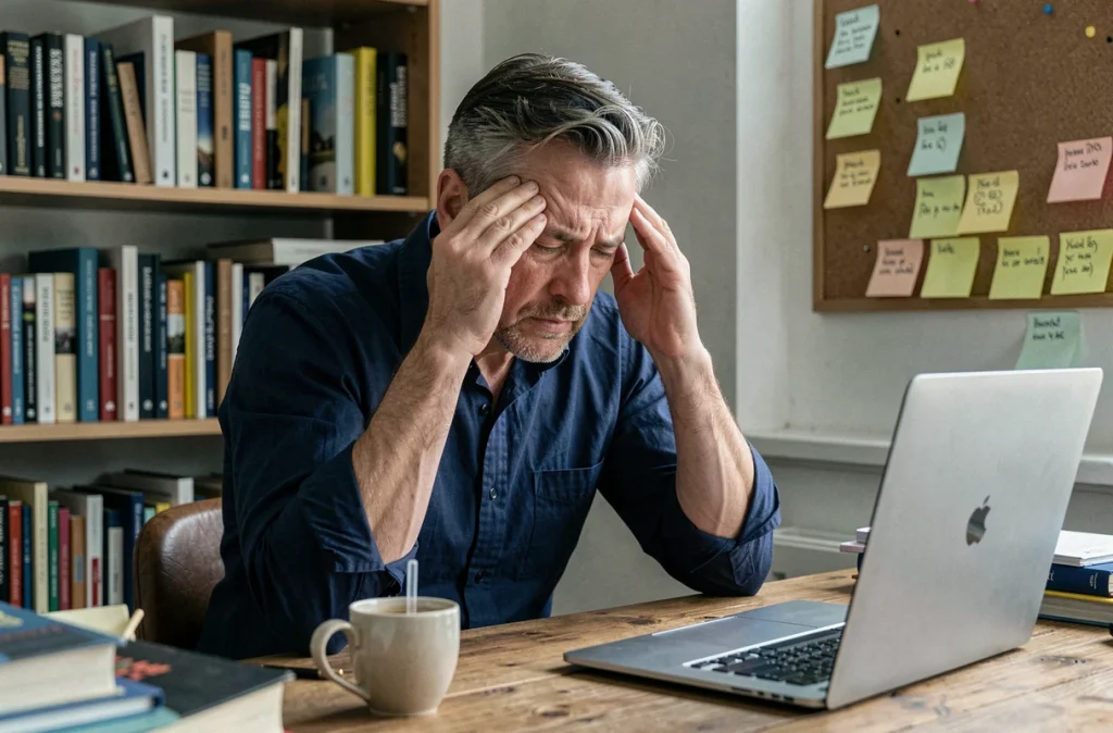 Homme fatigué assis à son bureau les mains sur les tempes, symbolisant les effets du manque de sommeil sur la mémoire et les capacités cognitives