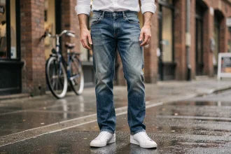 Homme en jean brut selvedge indigo dans une rue urbaine pavée sous la pluie, style editorial minimaliste