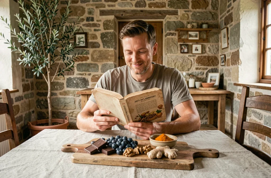Homme consultant un livre sur la nutrition anti-inflammatoire devant un plateau d'aliments sains comme myrtilles, noix et curcuma dans une salle à manger rustique