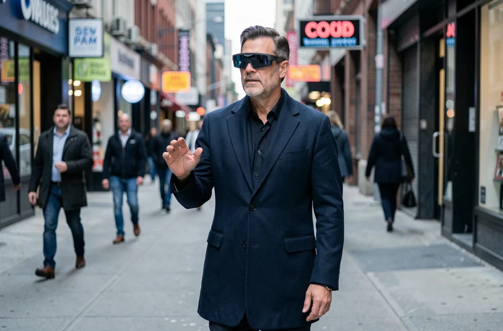 Homme en manteau portant des lunettes connectées dans une rue animée, symbolisant l'usage des technologies portables en milieu urbain