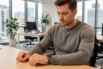 Homme consultant sa montre intelligente au bureau dans un environnement de travail moderne