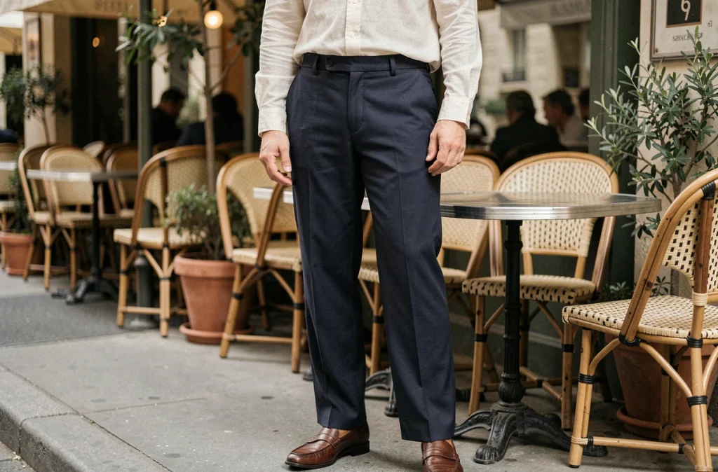 Homme en pantalon large marine à la terrasse d'un café français