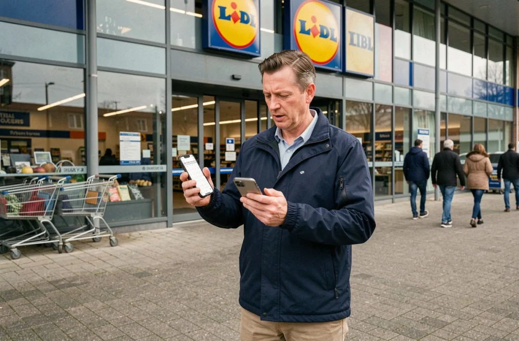 Homme consultant les jours de livraison Lidl sur son smartphone devant le magasin