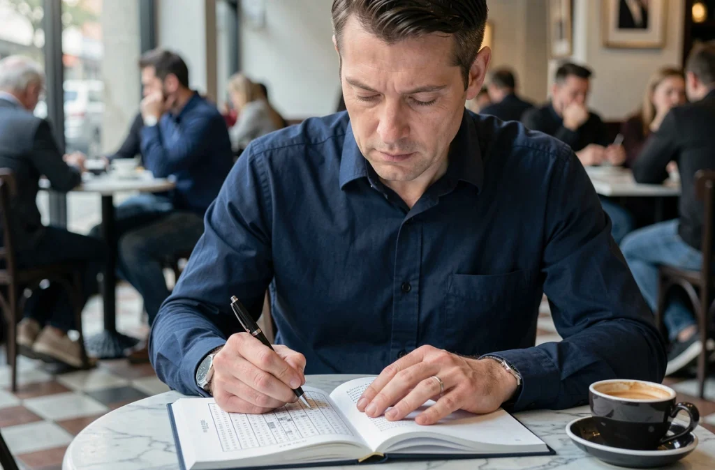 Homme concentré résolvant un livre de sudoku dans un café urbain avec un stylo à la main