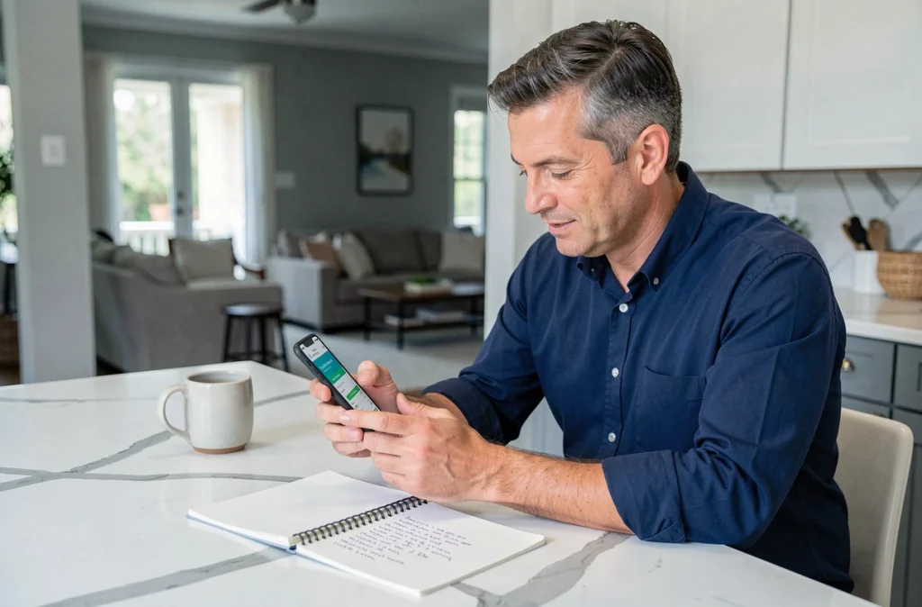 Homme consultant une application de suivi d'abonnements sur smartphone dans une cuisine moderne