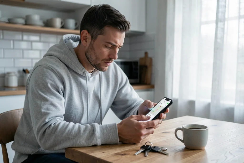 Homme consultant une application de suivi de colis sur son smartphone dans une cuisine moderne