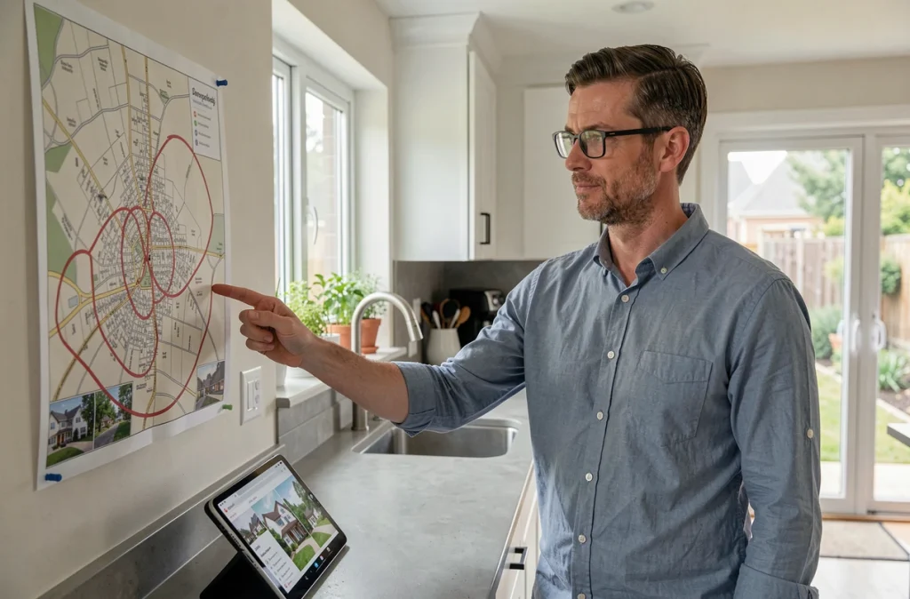 Homme en télétravail analysant une carte des quartiers pour choisir un logement dans une maison de banlieue moderne