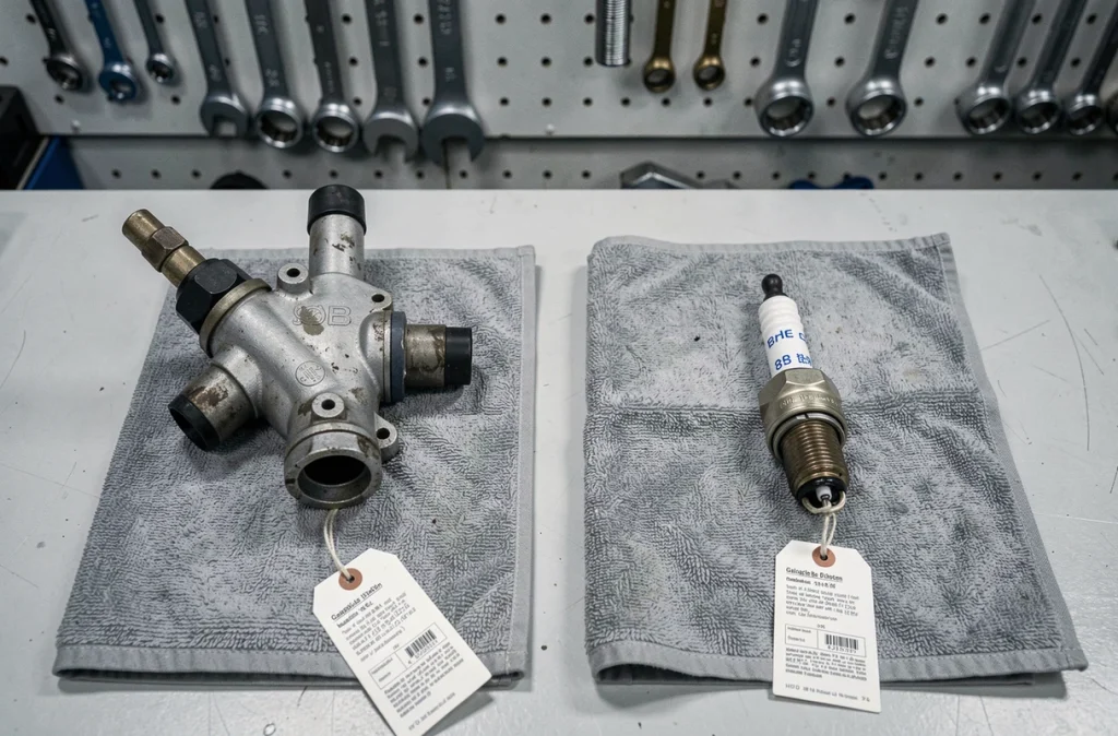Comparaison d'un injecteur diesel et d'une bougie d'allumage essence sur un établi de garage