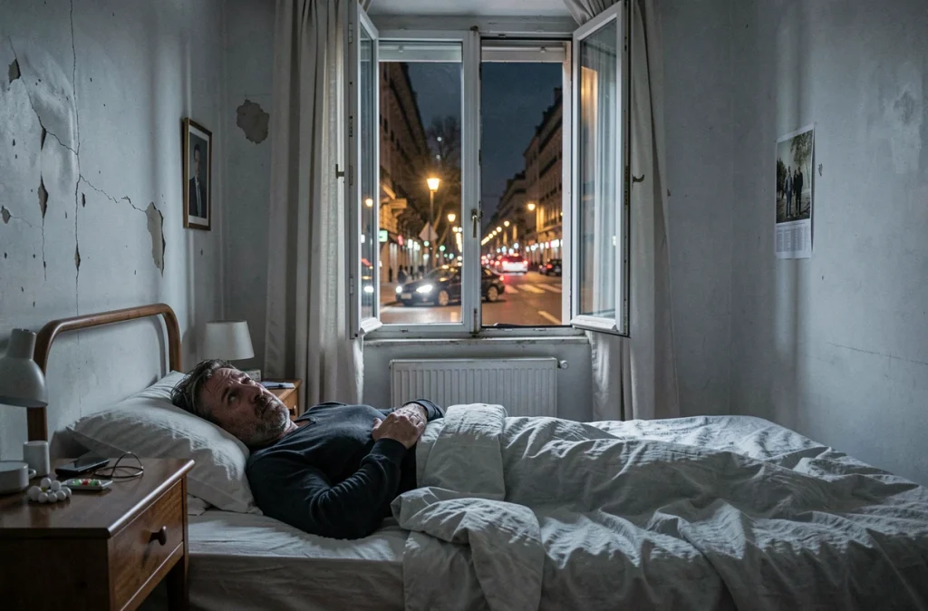 Homme insomniaque allongé dans son appartement urbain perturbé par le bruit de la rue la nuit