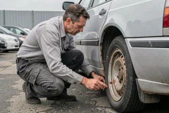 Homme inspectant la carrosserie et les bas de caisse d'une voiture d'occasion dans un parking de concessionnaire