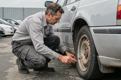 Homme inspectant la carrosserie et les bas de caisse d'une voiture d'occasion dans un parking de concessionnaire