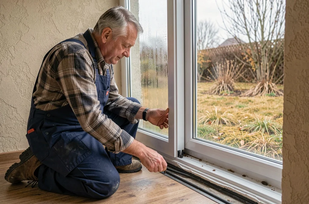 Homme inspectant les joints usés d'une fenêtre en aluminium double vitrage depuis l'extérieur de sa maison