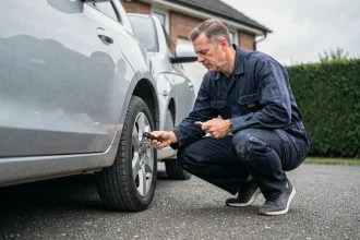 Mécanicien inspectant la profondeur des pneus d'une voiture avant le contrôle technique