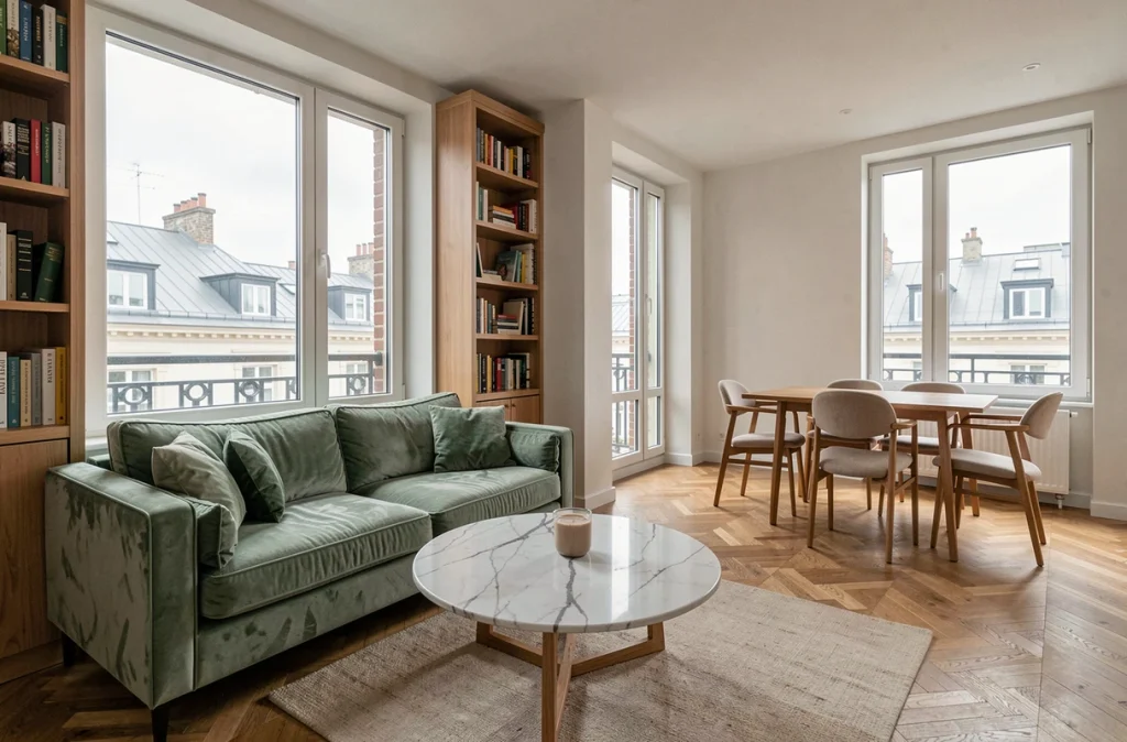 Intérieur d'un appartement meublé moderne dans une grande agglomération française