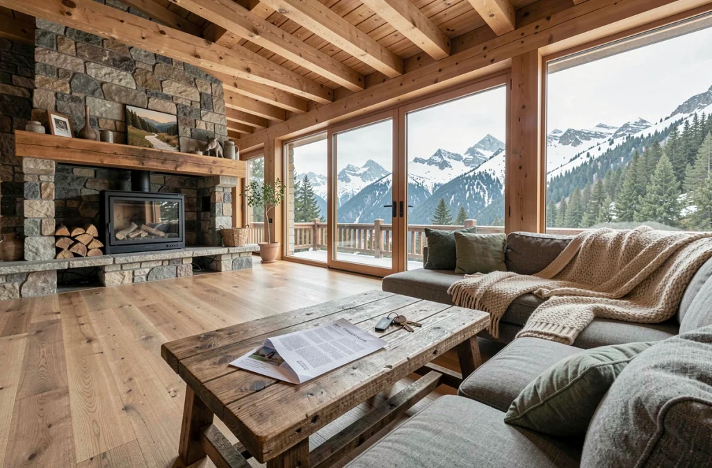 Intérieur rénové d'un chalet alpin avec vue panoramique sur les sommets enneigés, illustrant le marché des résidences secondaires en montagne