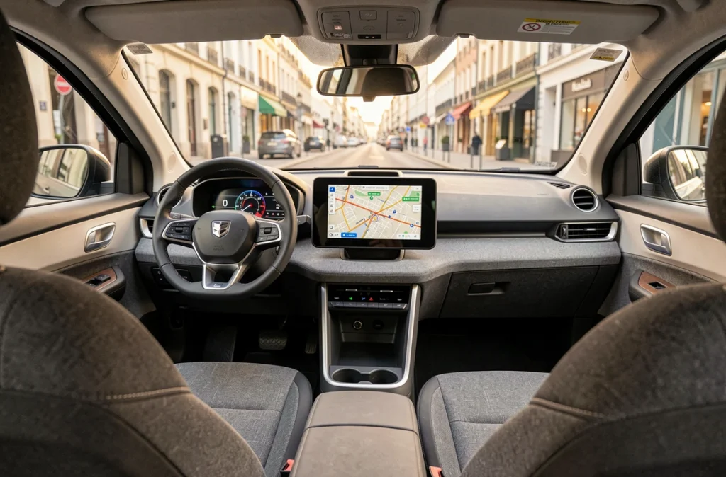 Intérieur minimaliste d'une citadine électrique moderne avec écran tactile et tableau de bord épuré