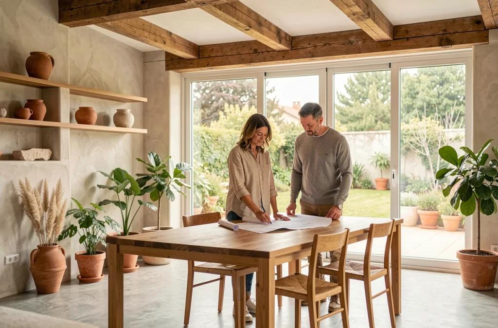 Intérieur design d'une maison bioclimatique française avec poutres en bois apparentes, sol en béton poli et baie vitrée coulissante ouvrant sur jardin