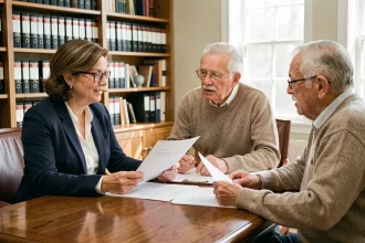 Conseillère immobilière et couple de seniors discutant d'un contrat viager dans un bureau de notaire
