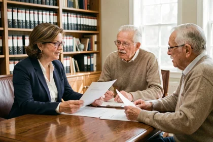 Conseillère immobilière et couple de seniors discutant d'un contrat viager dans un bureau de notaire