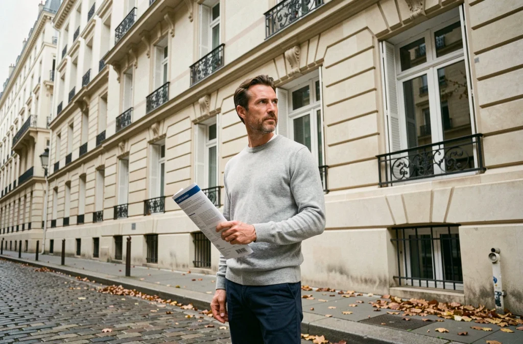 Investisseur immobilier devant un immeuble haussmannien parisien tenant une brochure de viager