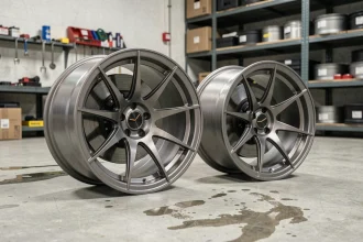 Jantes en alliage forgé montées sur une berline sportive dans un atelier automobile professionnel