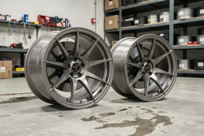Jantes en alliage forgé montées sur une berline sportive dans un atelier automobile professionnel