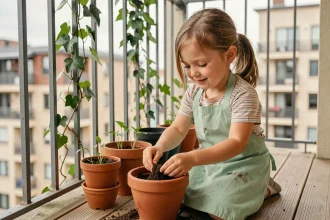 Jeune fille faisant du jardinage sur un balcon en plantant des graines dans un pot en terre cuite