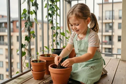 Jeune fille faisant du jardinage sur un balcon en plantant des graines dans un pot en terre cuite