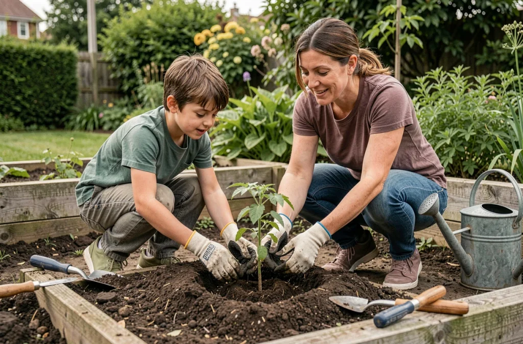 Mère et fils jardinent ensemble dans un potager extérieur en repiquer un plant de tomate