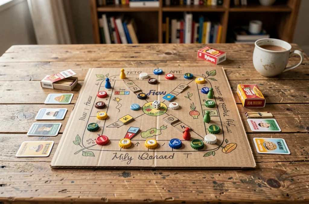 Jeu de société artisanal fini fabriqué avec des matériaux recyclés incluant du carton, des capsules de bouteilles et des boîtes de céréales découpées