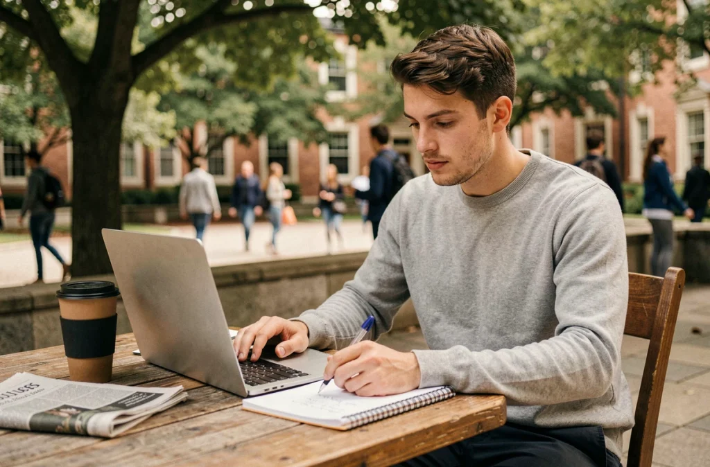 Jeune diplômé recherchant des entreprises engagées socialement sur son ordinateur portable en campus universitaire