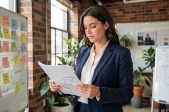 Jeune diplômée étudiant des documents sur l'engagement social des entreprises dans un espace de coworking moderne