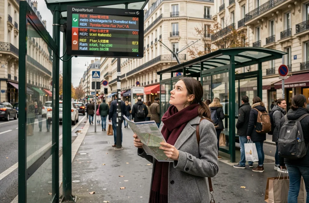 Jeune femme à un arrêt de tram consultant les correspondances métro ligne 9 RER et bus à Paris